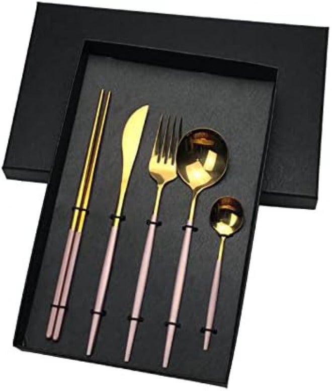 Silverware Set 10/20/30Piece Portuguese Cutlery Flat Handle Stainless Steel Knives, Forks, Spoons and Chopsticks(Pink Gold,4 Set) - Image 1