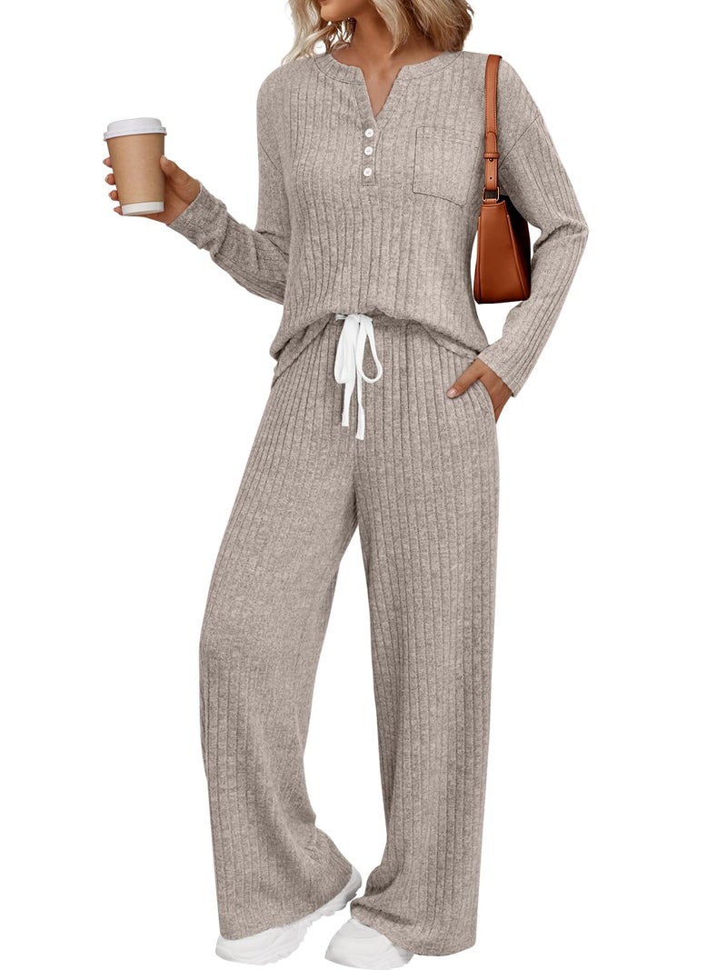 LILLUSORY Womens 2 Piece Lounge Sets Matching Airport Travel Outfits 2026 Spring Clothing Fall Pajamas Sweat Suits Pockets Camel L - Image 1