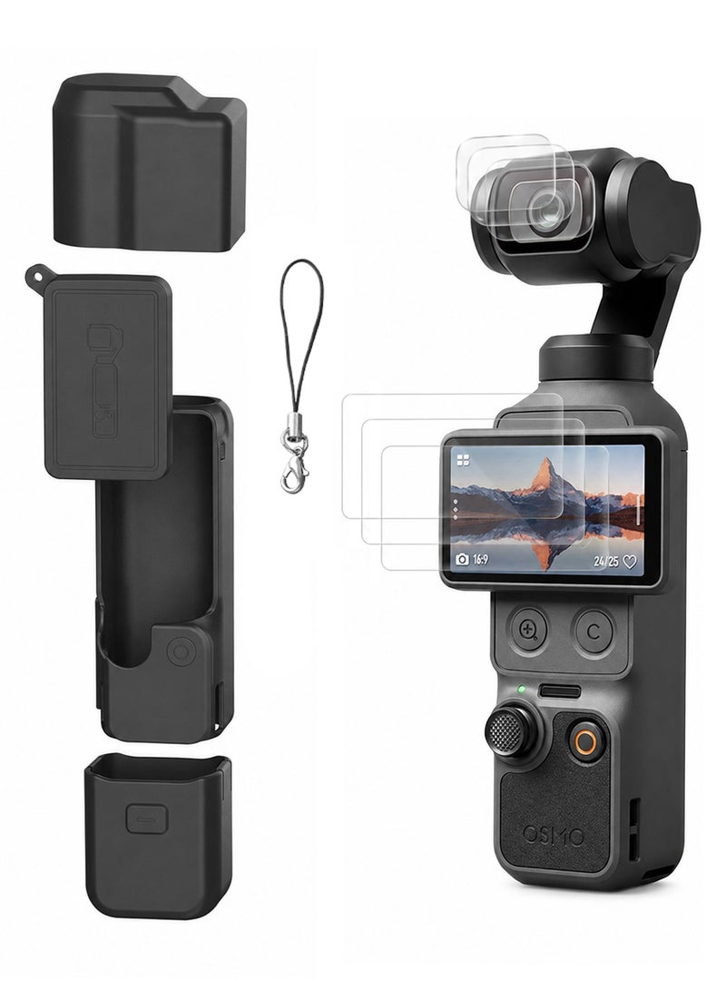SJet DJI OSMO Pocket 4 Accessory Kit, Silicone Protective Case Cover, Tempered Glass Screen Protector, Lens Protector (Black) - Image 1