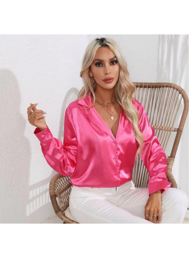 VUELO Popular Real Shot Suit Collar Satin Shirt Women's Satin Artificial Silk Long Sleeve Shirt New European And American Women's Clothing - Image 2