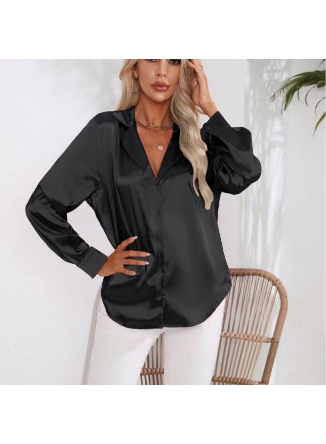 VUELO Popular Real Shot Suit Collar Satin Shirt Women's Satin Artificial Silk Long Sleeve Shirt New European And American Women's Clothing - Image 4