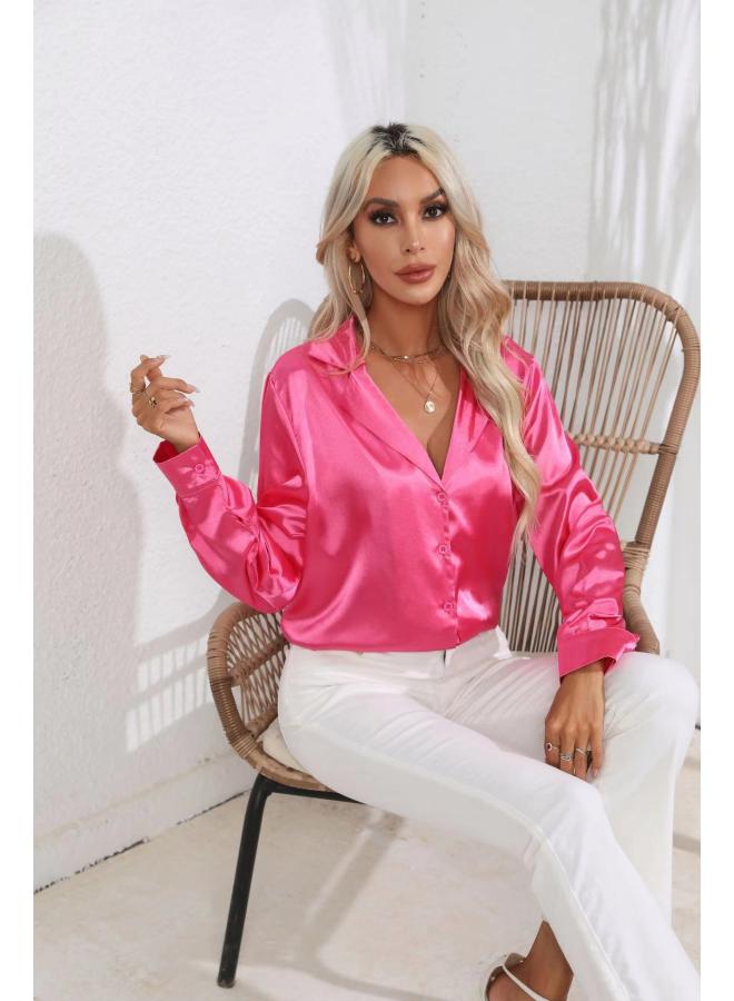 VUELO Popular Real Shot Suit Collar Satin Shirt Women's Satin Artificial Silk Long Sleeve Shirt New European And American Women's Clothing - Image 1