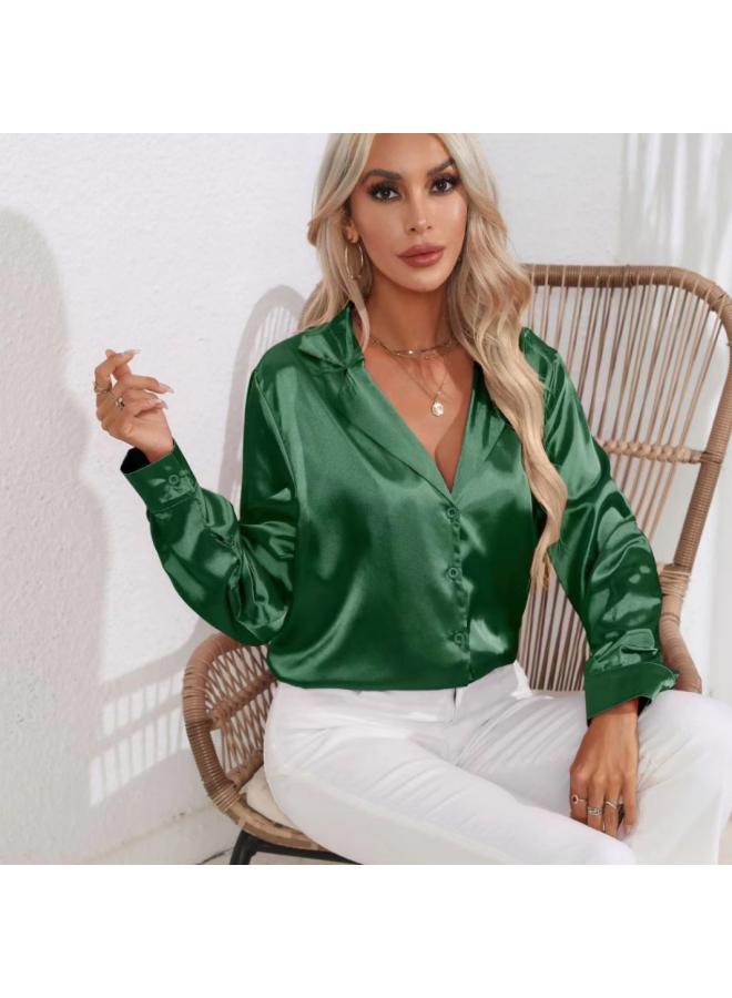 VUELO Popular Real Shot Suit Collar Satin Shirt Women's Satin Artificial Silk Long Sleeve Shirt New European And American Women's Clothing - Image 3