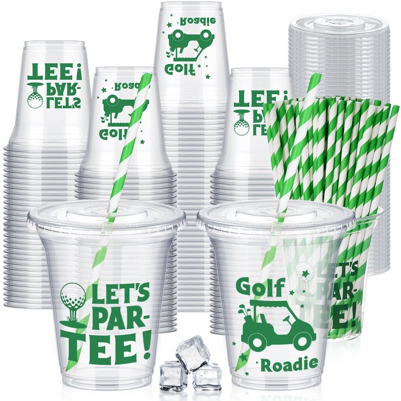FoldTier 60 Set Plastic Cups Golf Themed 14 oz Disposable Clear Cups with Lids and Paper Straws for Golf Themed Party Favor Supplies Decorations - Image 1