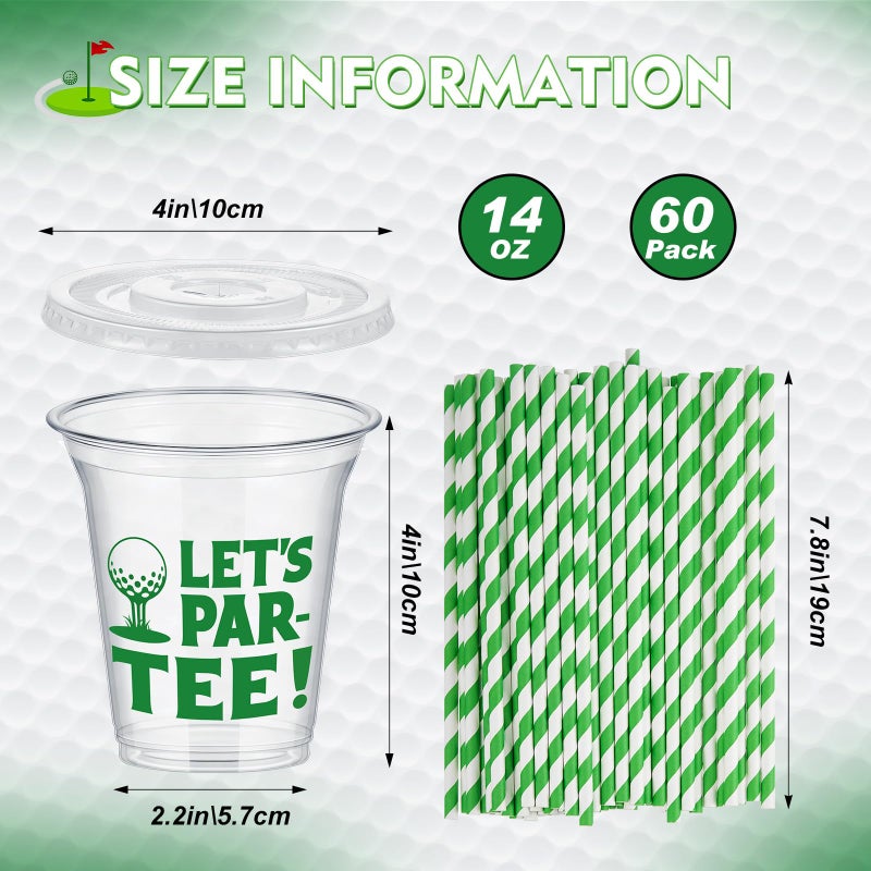 FoldTier 60 Set Plastic Cups Golf Themed 14 oz Disposable Clear Cups with Lids and Paper Straws for Golf Themed Party Favor Supplies Decorations - Image 2