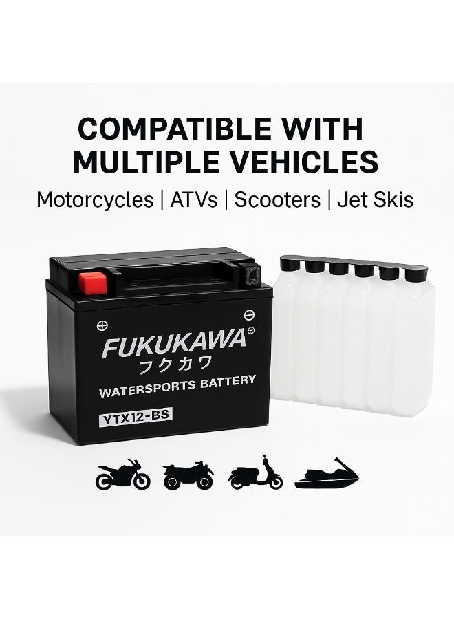 Fukukawa بطارية فوكوكاوا YTX12-BS 12 فولت 12 أمبير للدراجات النارية والمركبات البحرية – بطارية رصاص تقليدية Fresh Pack مع 6 عبوات حمض لـ ATV، السكوتر، الجت سكي وUTV (180 CCA) - Image 3