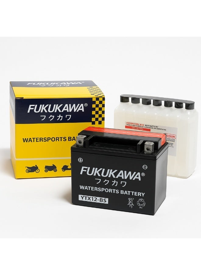 Fukukawa بطارية فوكوكاوا YTX12-BS 12 فولت 12 أمبير للدراجات النارية والمركبات البحرية – بطارية رصاص تقليدية Fresh Pack مع 6 عبوات حمض لـ ATV، السكوتر، الجت سكي وUTV (180 CCA) - Image 1