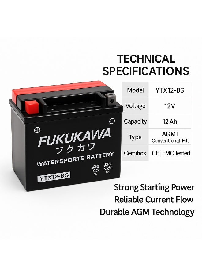 Fukukawa بطارية فوكوكاوا YTX12-BS 12 فولت 12 أمبير للدراجات النارية والمركبات البحرية – بطارية رصاص تقليدية Fresh Pack مع 6 عبوات حمض لـ ATV، السكوتر، الجت سكي وUTV (180 CCA) - Image 5