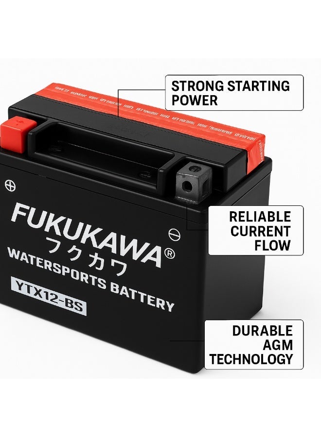 Fukukawa بطارية فوكوكاوا YTX12-BS 12 فولت 12 أمبير للدراجات النارية والمركبات البحرية – بطارية رصاص تقليدية Fresh Pack مع 6 عبوات حمض لـ ATV، السكوتر، الجت سكي وUTV (180 CCA) - Image 4