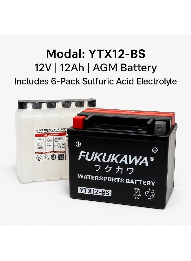Fukukawa بطارية فوكوكاوا YTX12-BS 12 فولت 12 أمبير للدراجات النارية والمركبات البحرية – بطارية رصاص تقليدية Fresh Pack مع 6 عبوات حمض لـ ATV، السكوتر، الجت سكي وUTV (180 CCA) - Image 2
