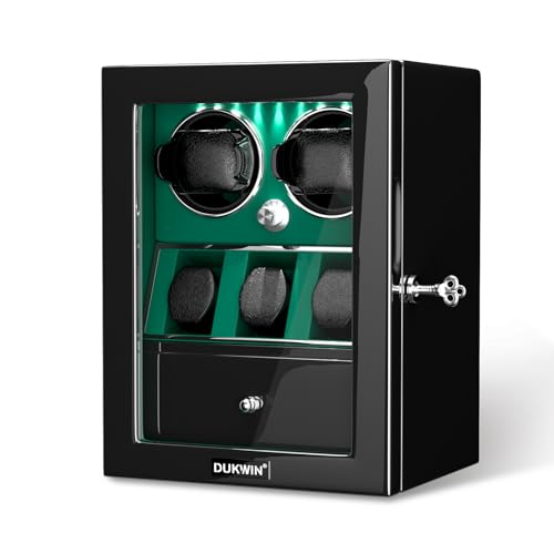 DUKWIN Watch Winder for 2 Automatic Watches, Lockable Watch Winders with 3 Watch Storage Places and Jewelry Storage, Super Quiet Mabuchi Motor， High-Gloss Piano Lacquer Finish, Built-in Illumination - Image 1