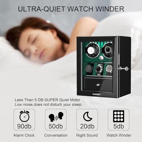 DUKWIN Watch Winder for 2 Automatic Watches, Lockable Watch Winders with 3 Watch Storage Places and Jewelry Storage, Super Quiet Mabuchi Motor， High-Gloss Piano Lacquer Finish, Built-in Illumination - Image 5