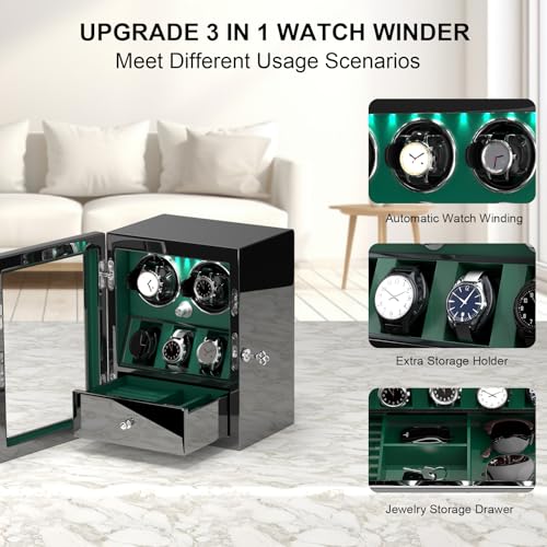 DUKWIN Watch Winder for 2 Automatic Watches, Lockable Watch Winders with 3 Watch Storage Places and Jewelry Storage, Super Quiet Mabuchi Motor， High-Gloss Piano Lacquer Finish, Built-in Illumination - Image 2