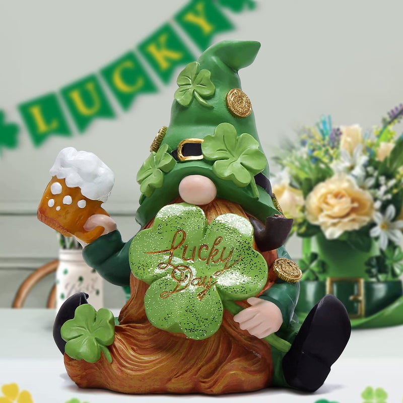 Hodao Green St Patrickâ€˜s Day Handmade Gnome 6" H Resin Standing Figurine for Spring-Irish Gnome Elf Scandinavian Yule Nordic Figurine Home Holiday Decorations Indoor Home Decor Green Gnome (Green) - Image 3
