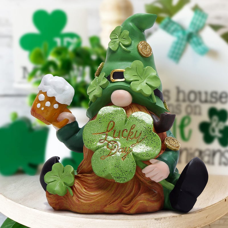 Hodao Green St Patrickâ€˜s Day Handmade Gnome 6" H Resin Standing Figurine for Spring-Irish Gnome Elf Scandinavian Yule Nordic Figurine Home Holiday Decorations Indoor Home Decor Green Gnome (Green) - Image 2
