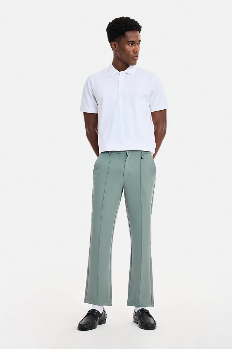 SNITCH Sage Green Textured Straight Fit Formal Trousers