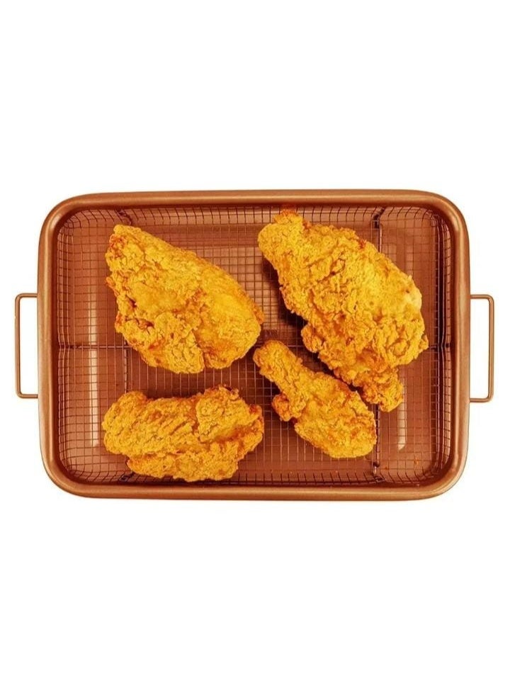 صينية فرن غير لاصقة مع سلة قلي شبكية مرتفعة - صينية تحميص وخبز مستطيلة من شبكة النحاس - Image 4