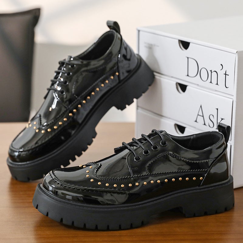 2025 Formal Large Size Casual Shoes Rivet Personalized Barber Leather Shoes Thick Sole Heightening Black And White Fashion Men'S Shoes - Image 4