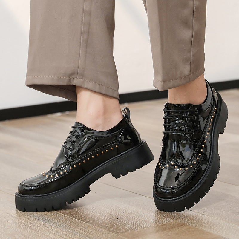 2025 Formal Large Size Casual Shoes Rivet Personalized Barber Leather Shoes Thick Sole Heightening Black And White Fashion Men'S Shoes - Image 5