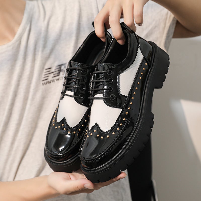 2025 Formal Large Size Casual Shoes Rivet Personalized Barber Leather Shoes Thick Sole Heightening Black And White Fashion Men'S Shoes - Image 3