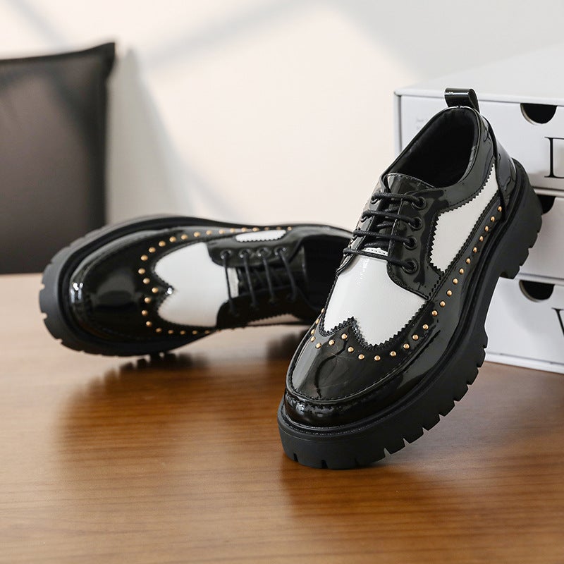2025 Formal Large Size Casual Shoes Rivet Personalized Barber Leather Shoes Thick Sole Heightening Black And White Fashion Men'S Shoes - Image 2