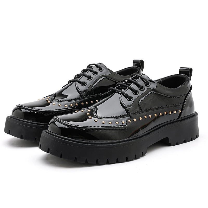 2025 Formal Large Size Casual Shoes Rivet Personalized Barber Leather Shoes Thick Sole Heightening Black And White Fashion Men'S Shoes - Image 1