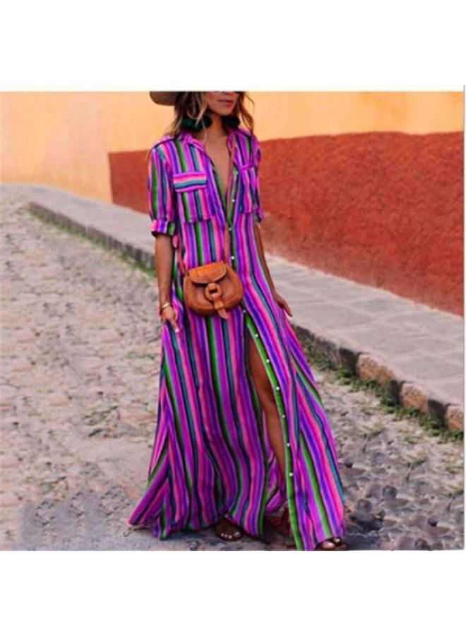 Women's Clothing Stripe Printed Stitching Short-sleeved Single-breasted Large Pendulum Dress