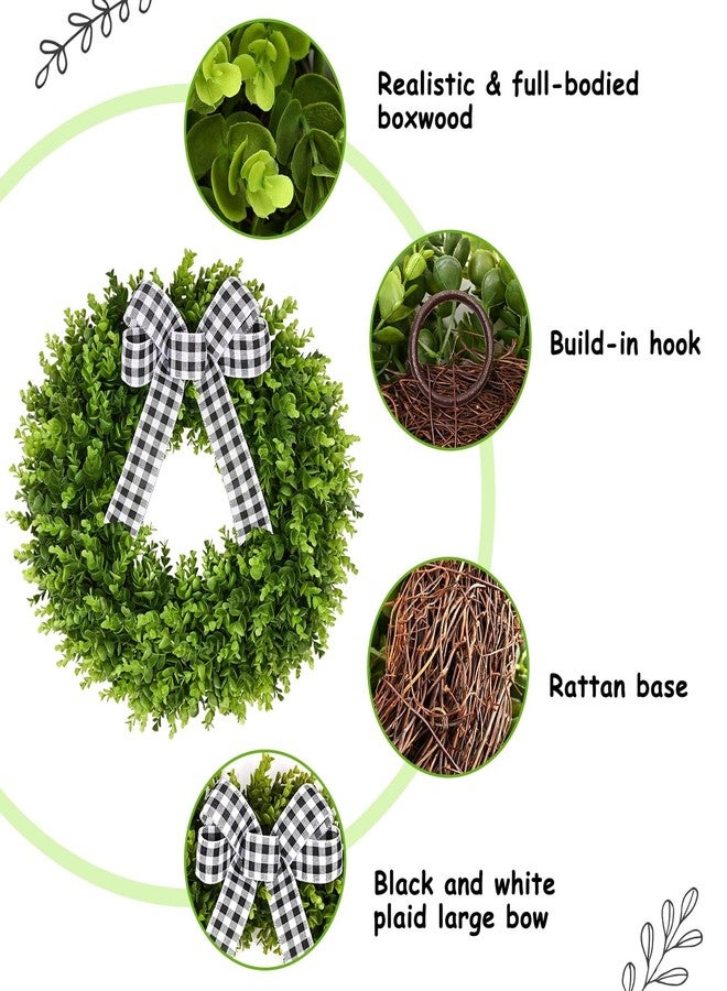 Vlorart 24" Large Boxwood Wreath for Front Door, Artificial Greenery Wreath with Plaid Bow, Full Lush Spring Summer Farmhouse Wall, Window & Wedding Decor - Image 3