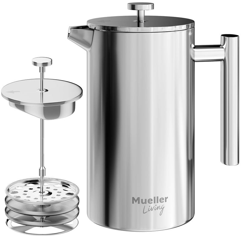 Mueller MuellerLiving French Press Coffee Maker 34oz Stainless Steel French Press Coffee 4 Filter Heat Resistant Double Insulated RustFree Food Grade Dishwasher Safe Coffee Pot