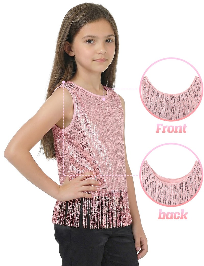 Noomelfish Girls Sequin Fringe Crop Tops Tassel Sparkly Glitter Dance Sleeveless Tank Shirt, Light Pink, Size 5-6 Years - Image 3
