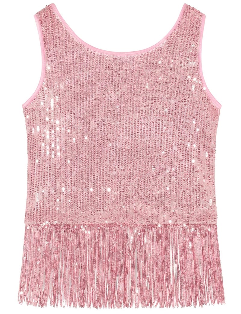Noomelfish Girls Sequin Fringe Crop Tops Tassel Sparkly Glitter Dance Sleeveless Tank Shirt, Light Pink, Size 5-6 Years - Image 1