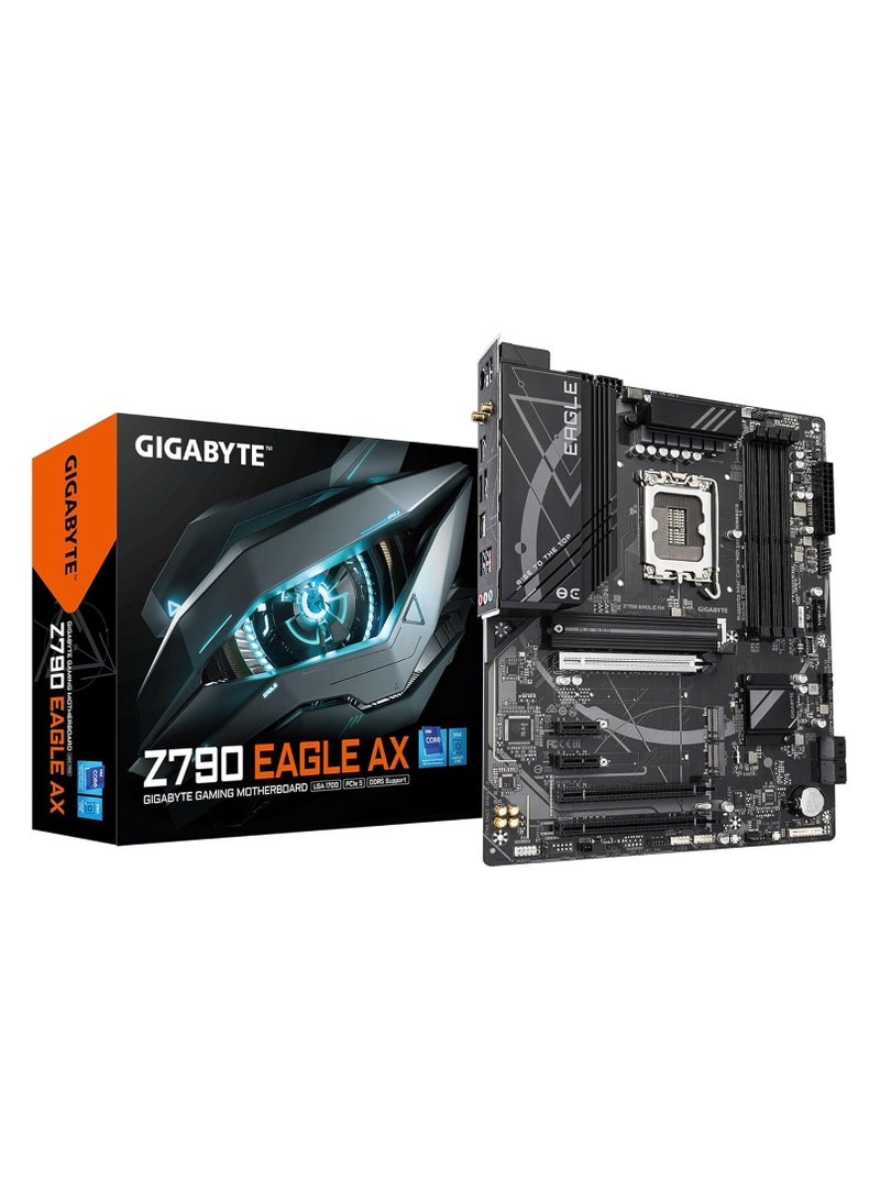 GIGABYTE Z790 EAGLE AX ATX Motherboard, LGA1700 Socket, Intel Z790 Chipset, DDR5 7600(OC) Dual Channel, Up to 256GB, PCIe 5.0 x16 Slot, 3x PCIe 4.0 M.2 NVMe SSD Slots, 4x SATA 6Gb/s, Intel Wi-Fi 6E AX211, Bluetooth 5.3, Realtek 2.5GbE LAN, HDMI 2.1 & DisplayPort 1.2, USB 3.2 Gen 2 Type-C, Q-Flash Plus, Smart Fan 6, ECC/Non-ECC DDR5, 7.1 HD Audio | Z790 EAGLE AX - Image 1