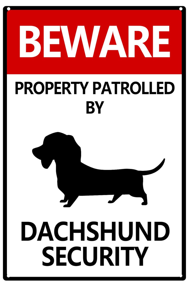 AWISZZZ Metal Beware Property Patrolled By Dachshund Security Sign - Traffic Road Tin Sign for Outdoor Coffee Shop Bar Club 8x12 Inches - Image 1