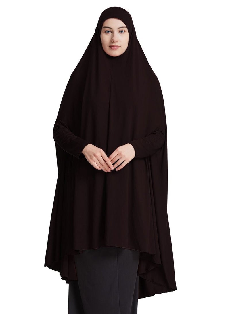 إسكدنيا Women's Solid Color Abaya Long Sleeve Thobe Robe With Hijab Dark Brown - Image 1
