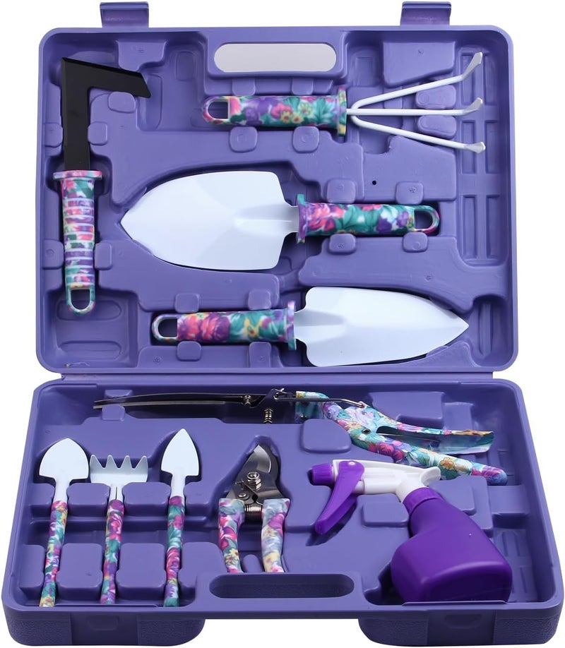 JUMPHIGH Garden Tools Set, 10 Pieces Gardening Tools with Floral Print, Ergonomic Handle Trowel Rake Weeder Pruner Shears Sprayer, Garden Hand Tools with Carrying Case Gardening Gifts for Women Father - Image 1