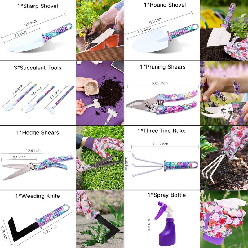 JUMPHIGH Garden Tools Set, 10 Pieces Gardening Tools with Floral Print, Ergonomic Handle Trowel Rake Weeder Pruner Shears Sprayer, Garden Hand Tools with Carrying Case Gardening Gifts for Women Father - Image 3