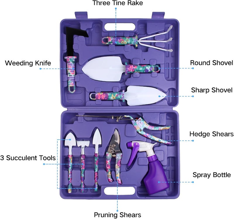 JUMPHIGH Garden Tools Set, 10 Pieces Gardening Tools with Floral Print, Ergonomic Handle Trowel Rake Weeder Pruner Shears Sprayer, Garden Hand Tools with Carrying Case Gardening Gifts for Women Father - Image 2