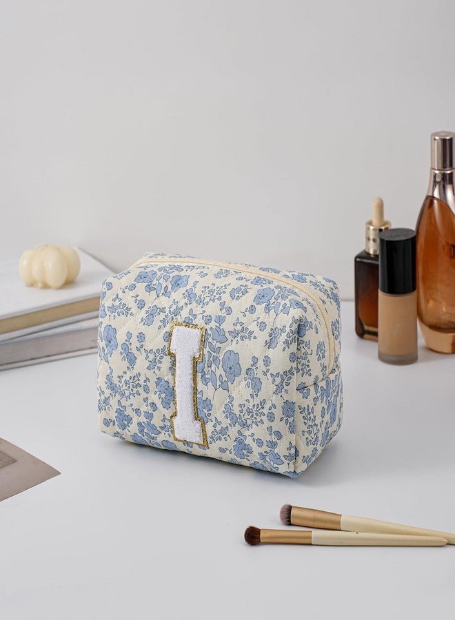 JOVAKIT Alphabet Makeup Bag Cosmetic Bag for Women, Christmas Gifts for Girls Age 6-18, Floral Flowers Coquette Travel Toiletry Zipper Make Up Pouch Organizer Trendy Stuff (Blue Floral I) - Image 2