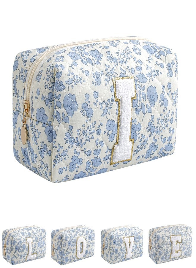 JOVAKIT Alphabet Makeup Bag Cosmetic Bag for Women, Christmas Gifts for Girls Age 6-18, Floral Flowers Coquette Travel Toiletry Zipper Make Up Pouch Organizer Trendy Stuff (Blue Floral I) - Image 1