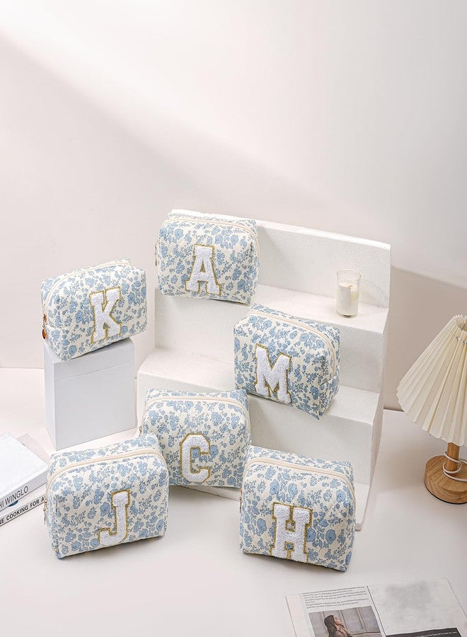 JOVAKIT Alphabet Makeup Bag Cosmetic Bag for Women, Christmas Gifts for Girls Age 6-18, Floral Flowers Coquette Travel Toiletry Zipper Make Up Pouch Organizer Trendy Stuff (Blue Floral I) - Image 5