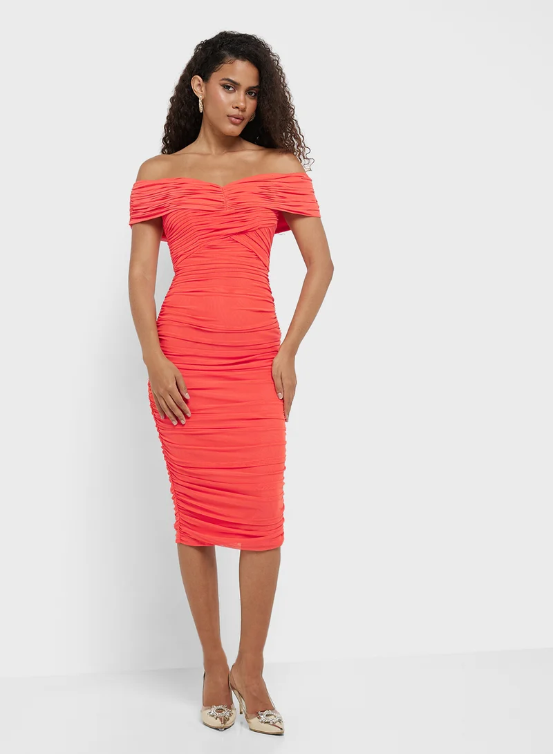 Little Mistress Ruched Off-Shoulder Dress