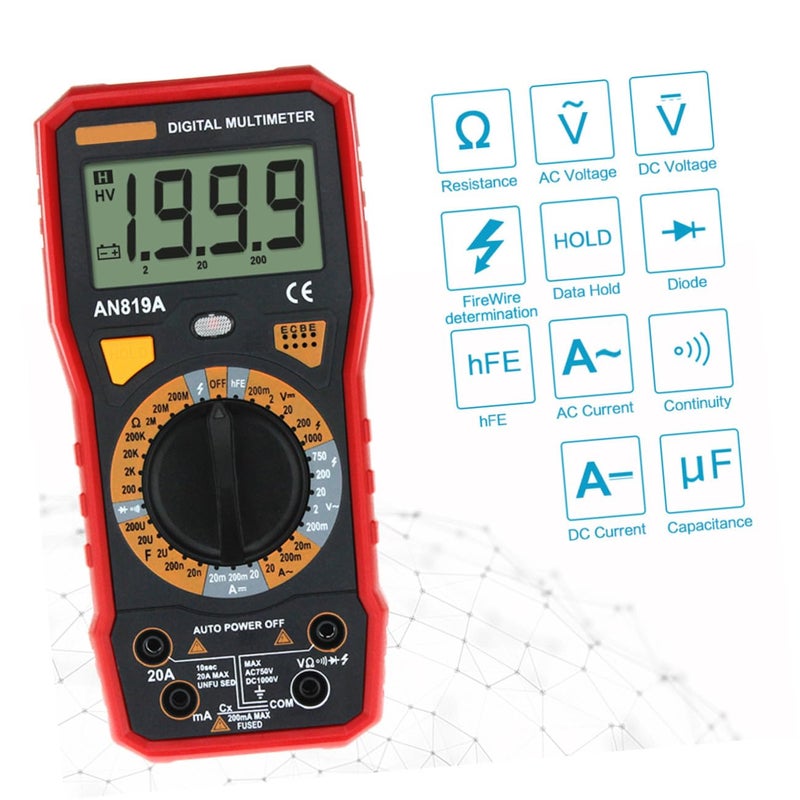 Artibetter مقياس رقمي متعدد عالي الدقة لاختبار الجهد مع قياس السعة والمقاومة والأمبير وإيقاف التشغيل التلقائي وحفظ البيانات وإضاءة خلفية باللون الأحمر - Image 4