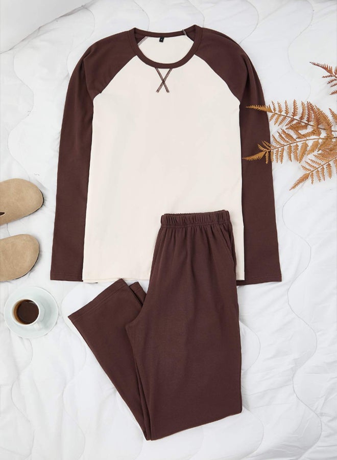 trendyol Brown Regular Fit Raglan Sleeve Knitted Pajama Set - Image 1