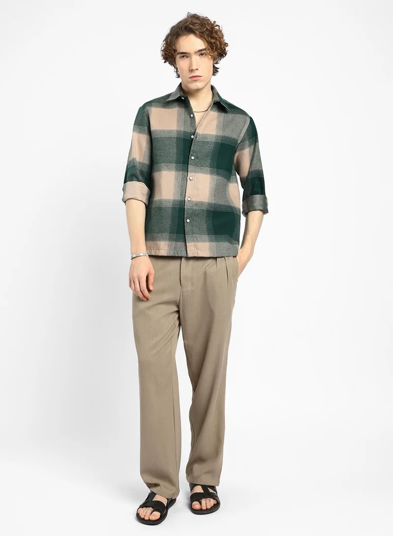 Campus Sutra Men's Emerald Green & Buff Beige Vignette-Checkered Oversized Shirt