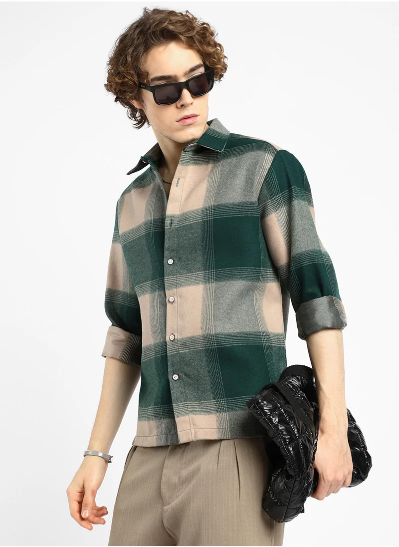 Campus Sutra Men's Emerald Green & Buff Beige Vignette-Checkered Oversized Shirt