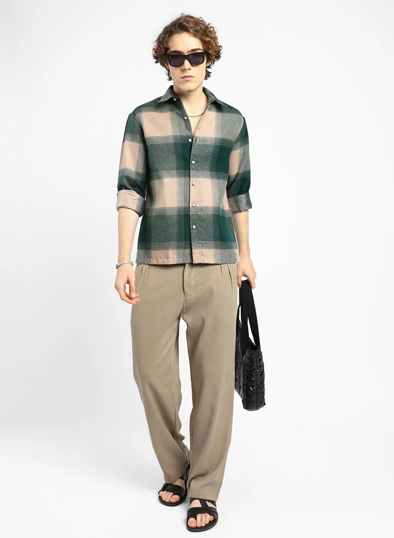 Campus Sutra Men's Emerald Green & Buff Beige Vignette-Checkered Oversized Shirt