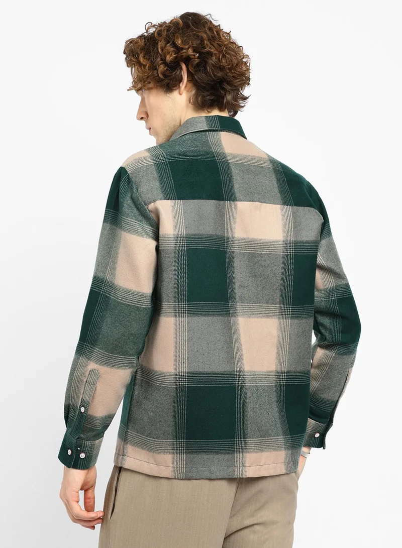 Campus Sutra Men's Emerald Green & Buff Beige Vignette-Checkered Oversized Shirt