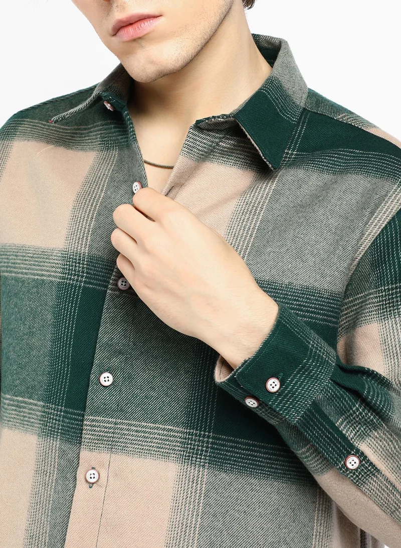 Campus Sutra Men's Emerald Green & Buff Beige Vignette-Checkered Oversized Shirt