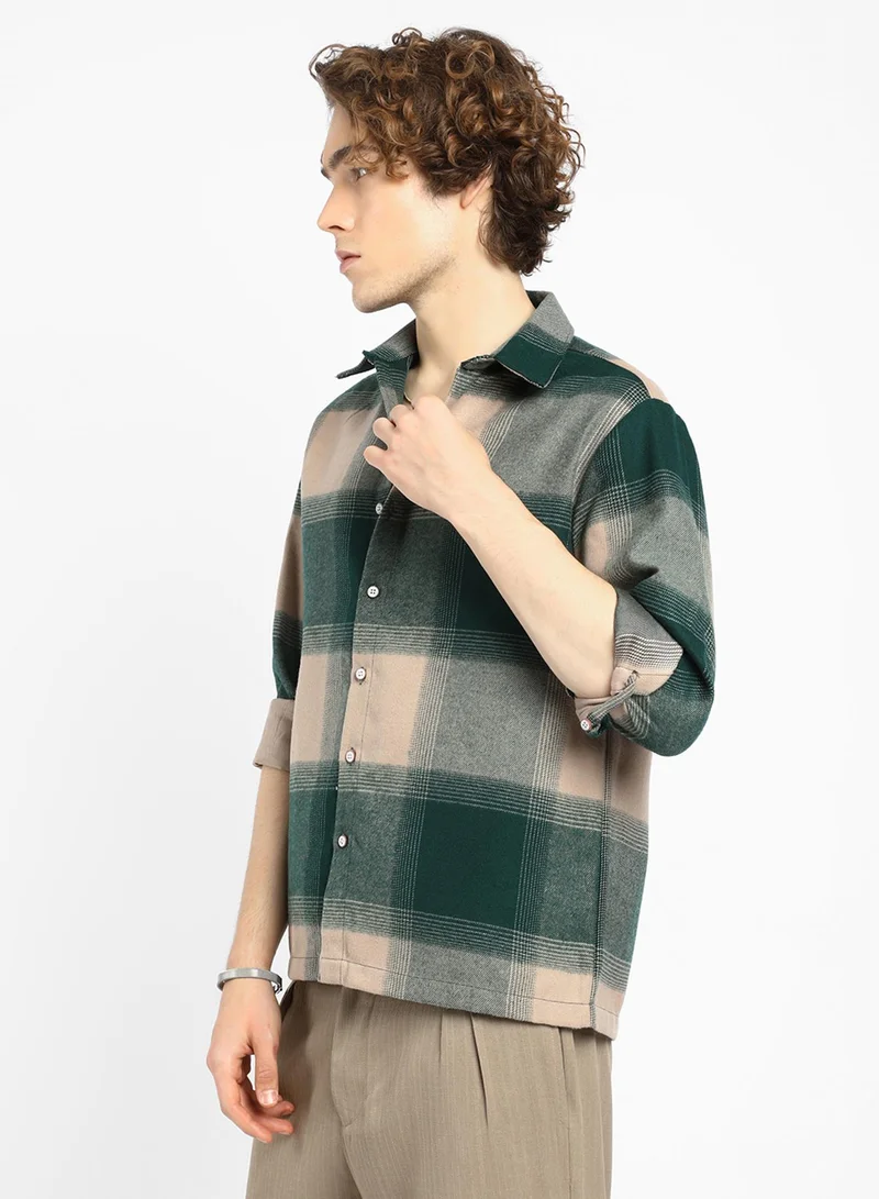 Campus Sutra Men's Emerald Green & Buff Beige Vignette-Checkered Oversized Shirt