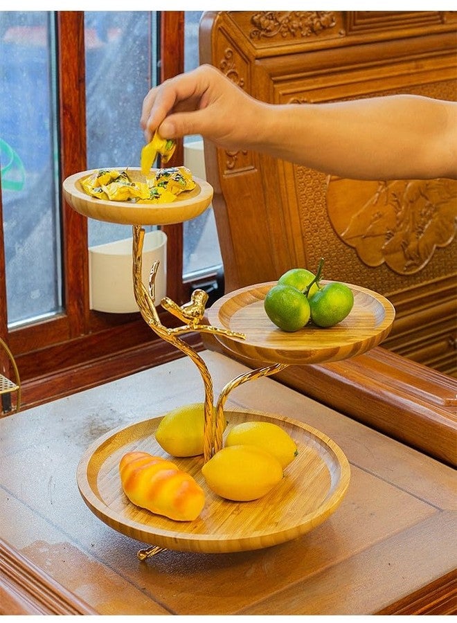 LANDTOM 3-Tier Fruit Basket Electroplating Metal Stand Decorative Fruit Bowl Rack Bamboo Wooden Storage Trays Table Countertop Holder for Vegetables Bread Snack for Kitchen Home Use, Gold (Type D) - Image 4